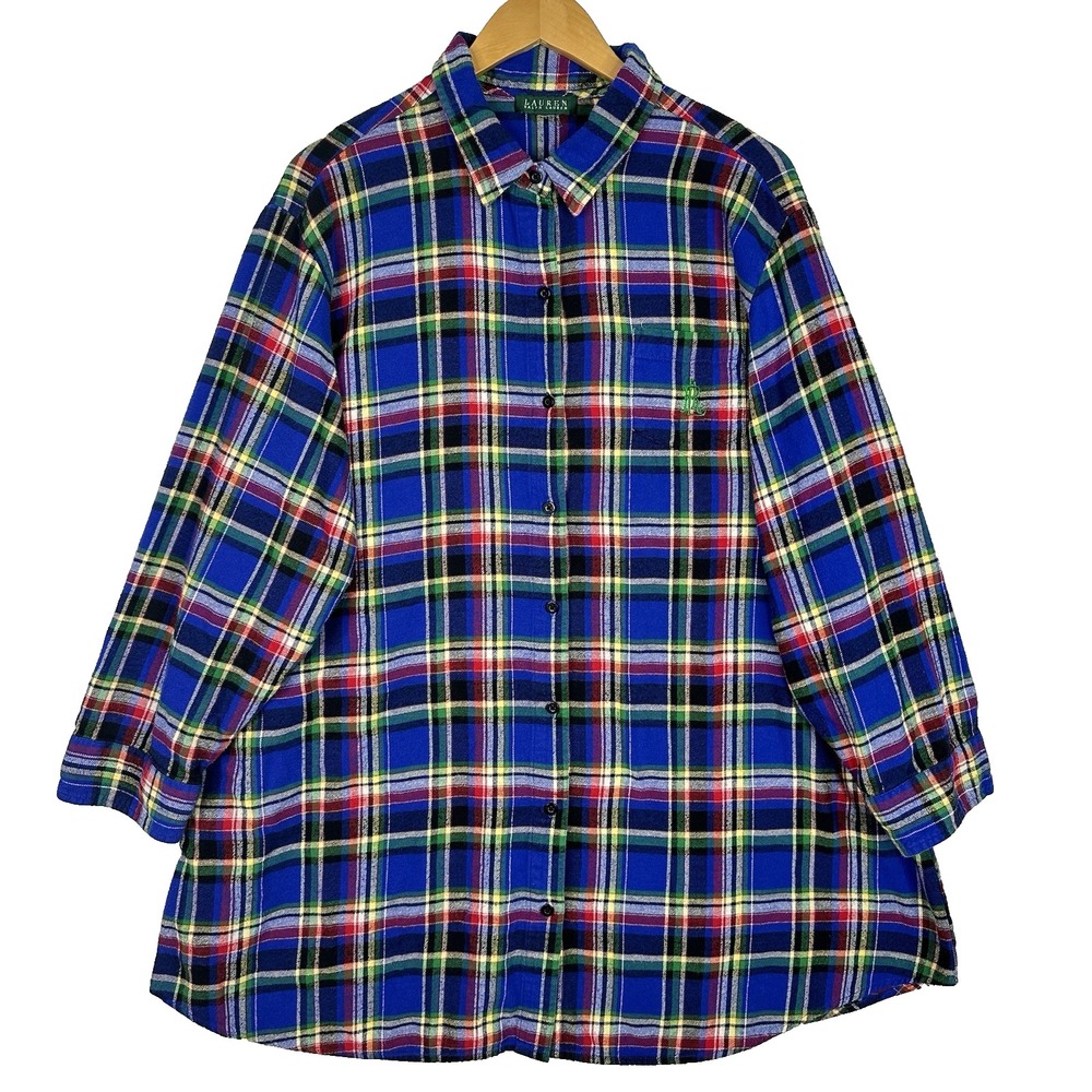 Lauren Ralph Lauren Womens 3X Plaid Flannel Tunic Shirt Blue Cotton Button Up